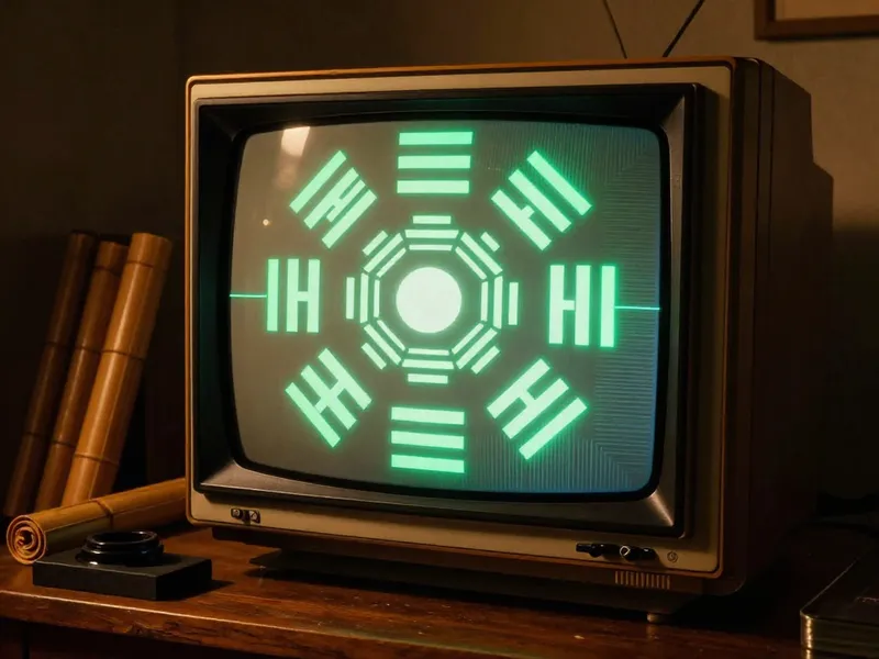 CRT monitor displaying I-Ching hexagram grid in phosphor green