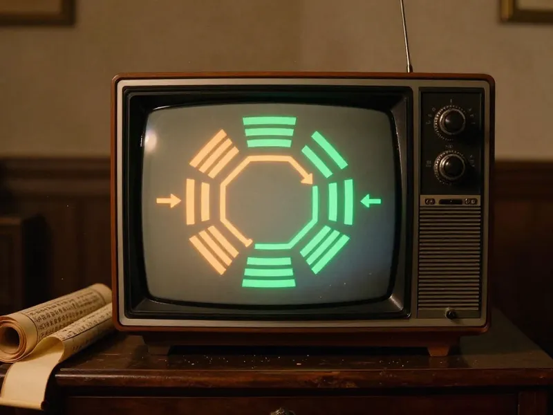 Vintage TV showing hexagram transformation diagram