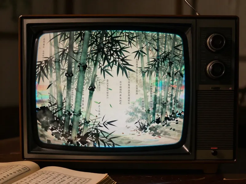 CRT television displaying a classical Chinese forest scene