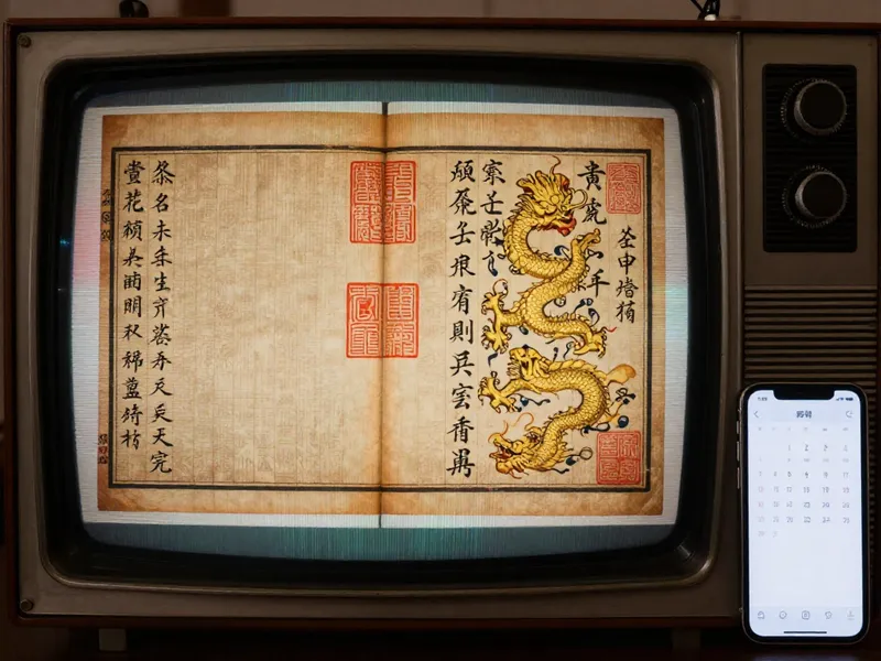Vintage TV displaying imperial Chinese almanac manuscript