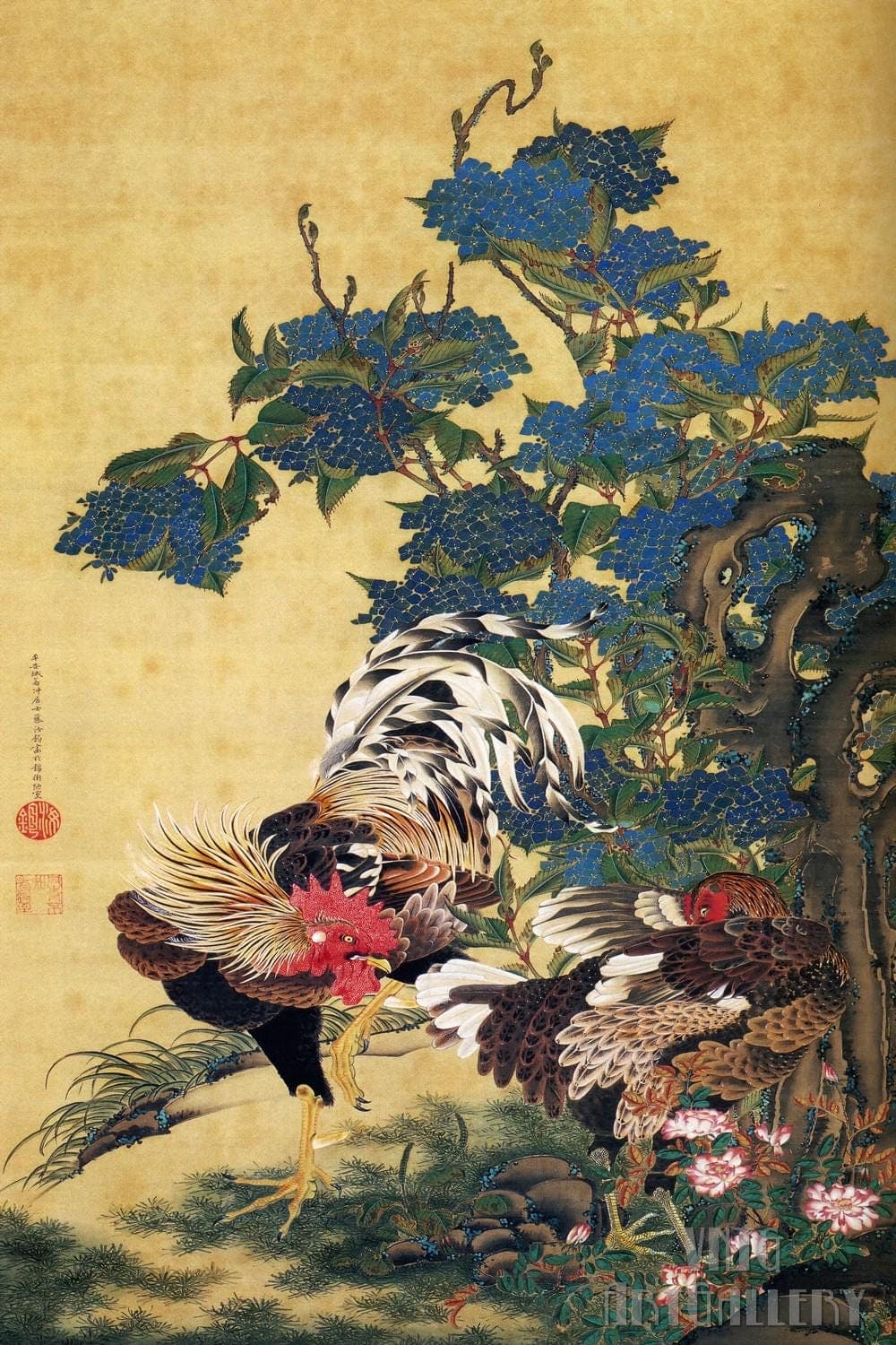Rooster and Hen with Hydrangeas by Itō Jakuchū (伊藤若冲)